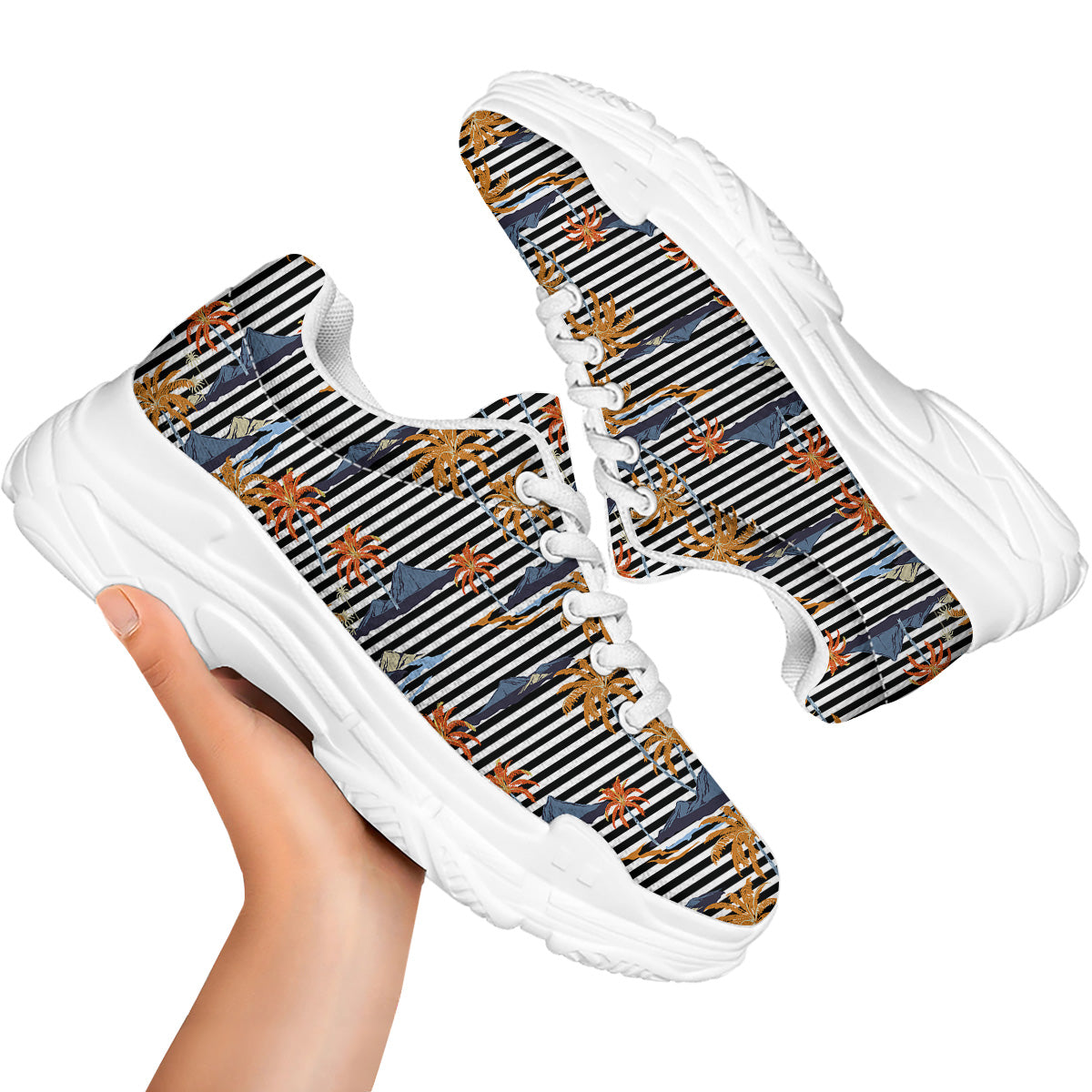 Tropical Island And Stripes Print Pattern White Chunky Shoes-grizzshop
