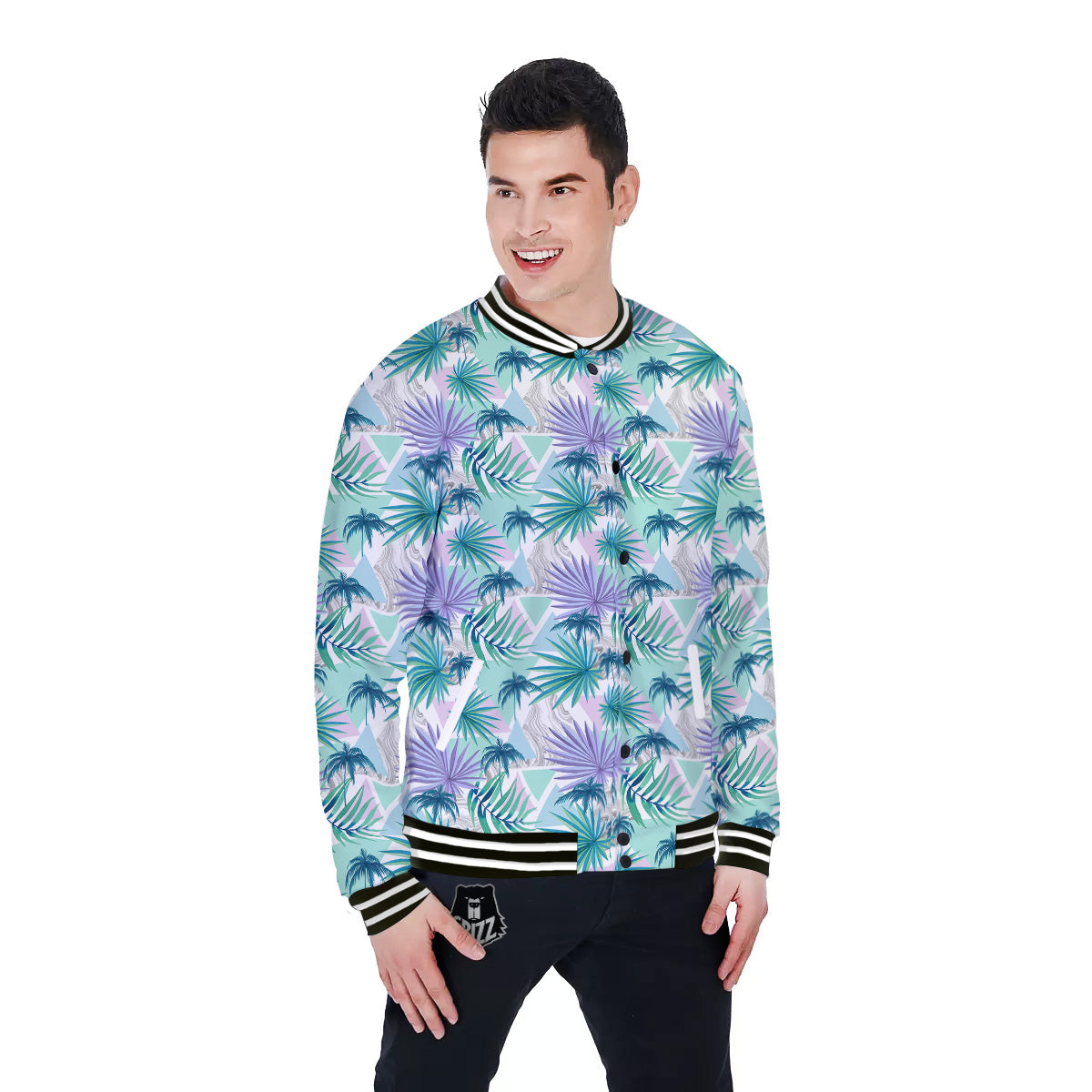 Tropical Leaf And Triangles Pastel Print Pattern Baseball Jacket-grizzshop