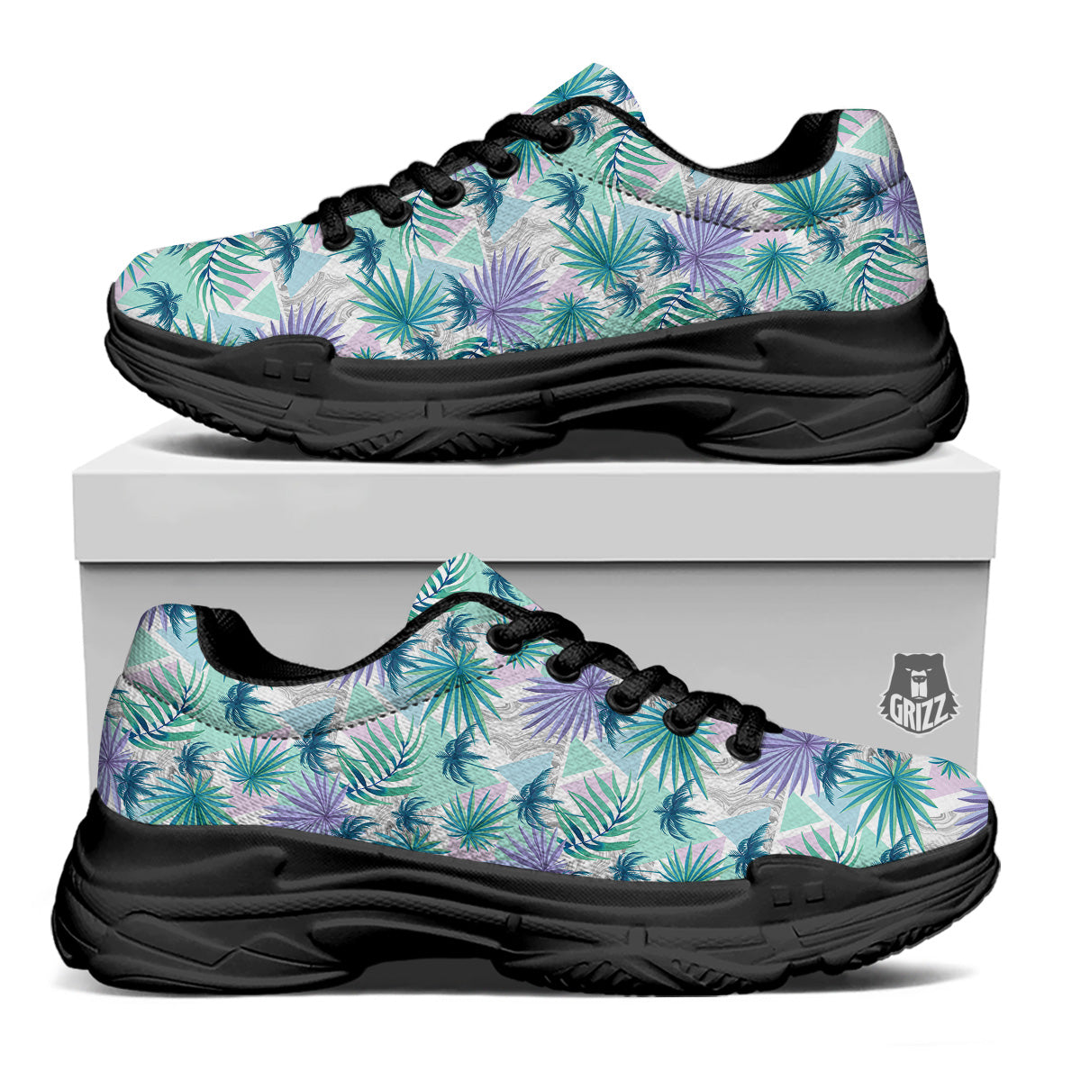 Tropical Leaf And Triangles Pastel Print Pattern Black Chunky Shoes-grizzshop