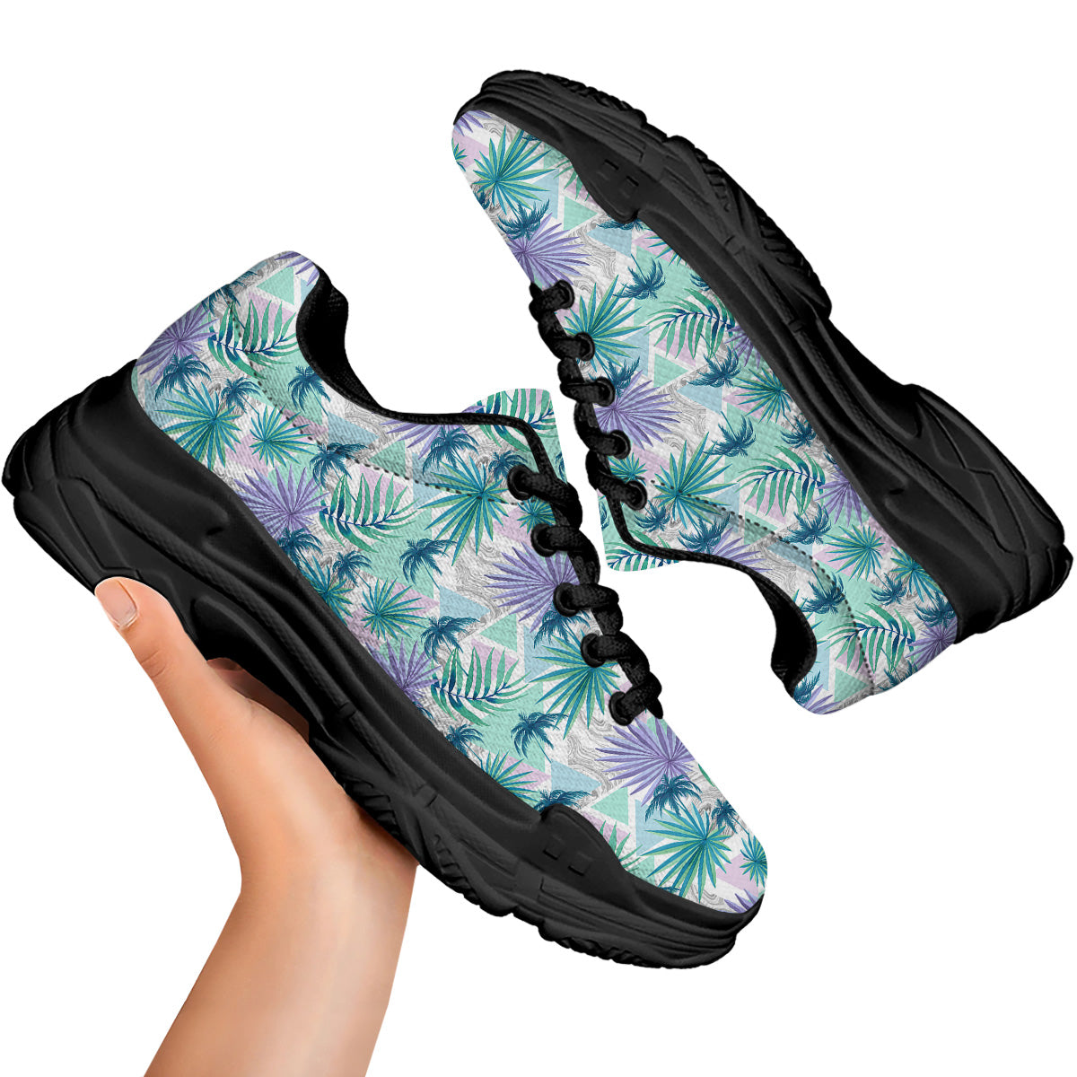 Tropical Leaf And Triangles Pastel Print Pattern Black Chunky Shoes-grizzshop