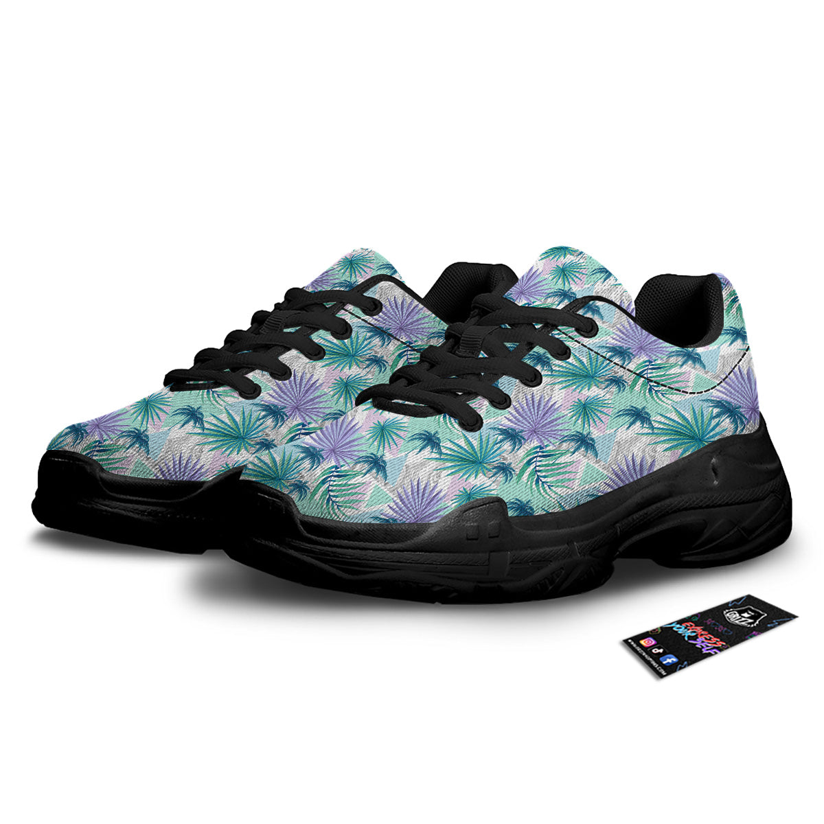 Tropical Leaf And Triangles Pastel Print Pattern Black Chunky Shoes-grizzshop