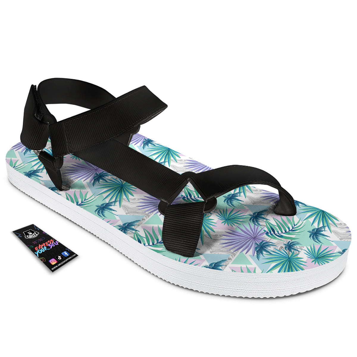 Tropical Leaf And Triangles Pastel Print Pattern Black Open Toe Sandals-grizzshop