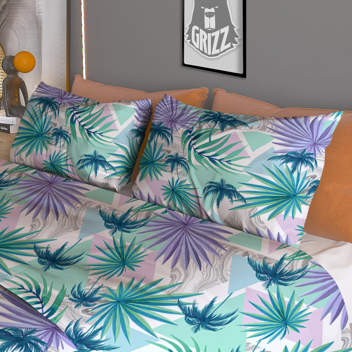 Tropical Leaf And Triangles Pastel Print Pattern Duvet Cover Bedding Set