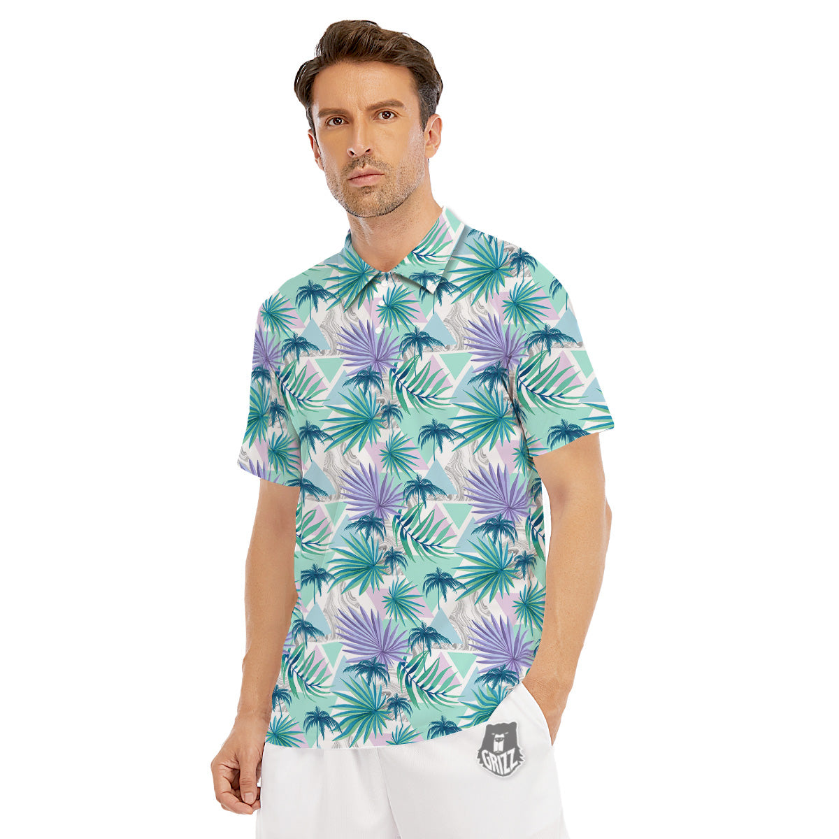Tropical Leaf And Triangles Pastel Print Pattern Men's Golf Shirts-grizzshop