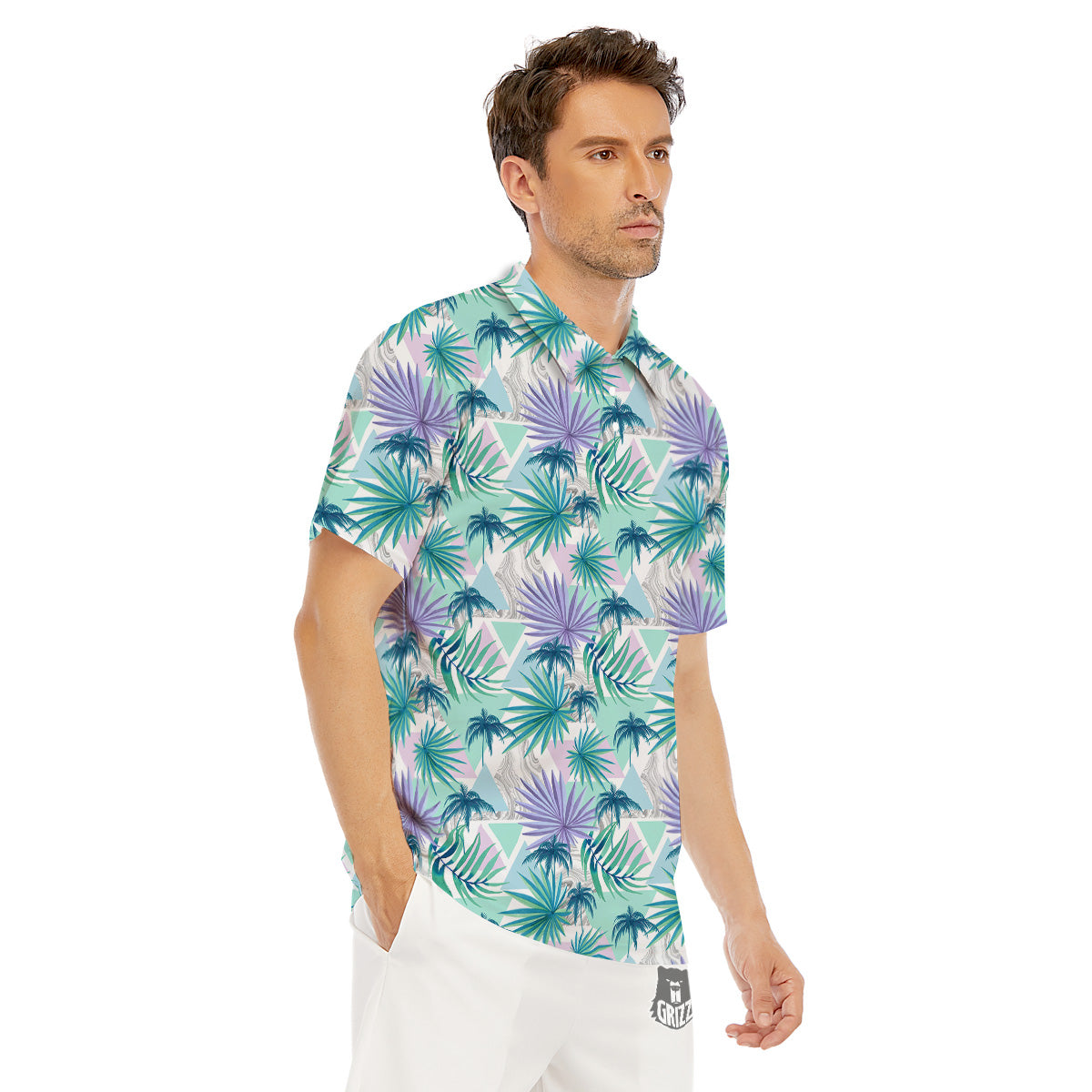 Tropical Leaf And Triangles Pastel Print Pattern Men's Golf Shirts-grizzshop
