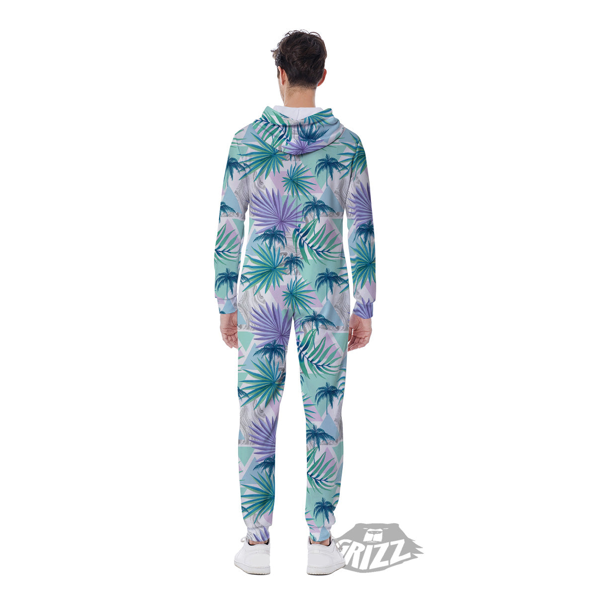 Tropical Leaf And Triangles Pastel Print Pattern Men's Jumpsuit-grizzshop