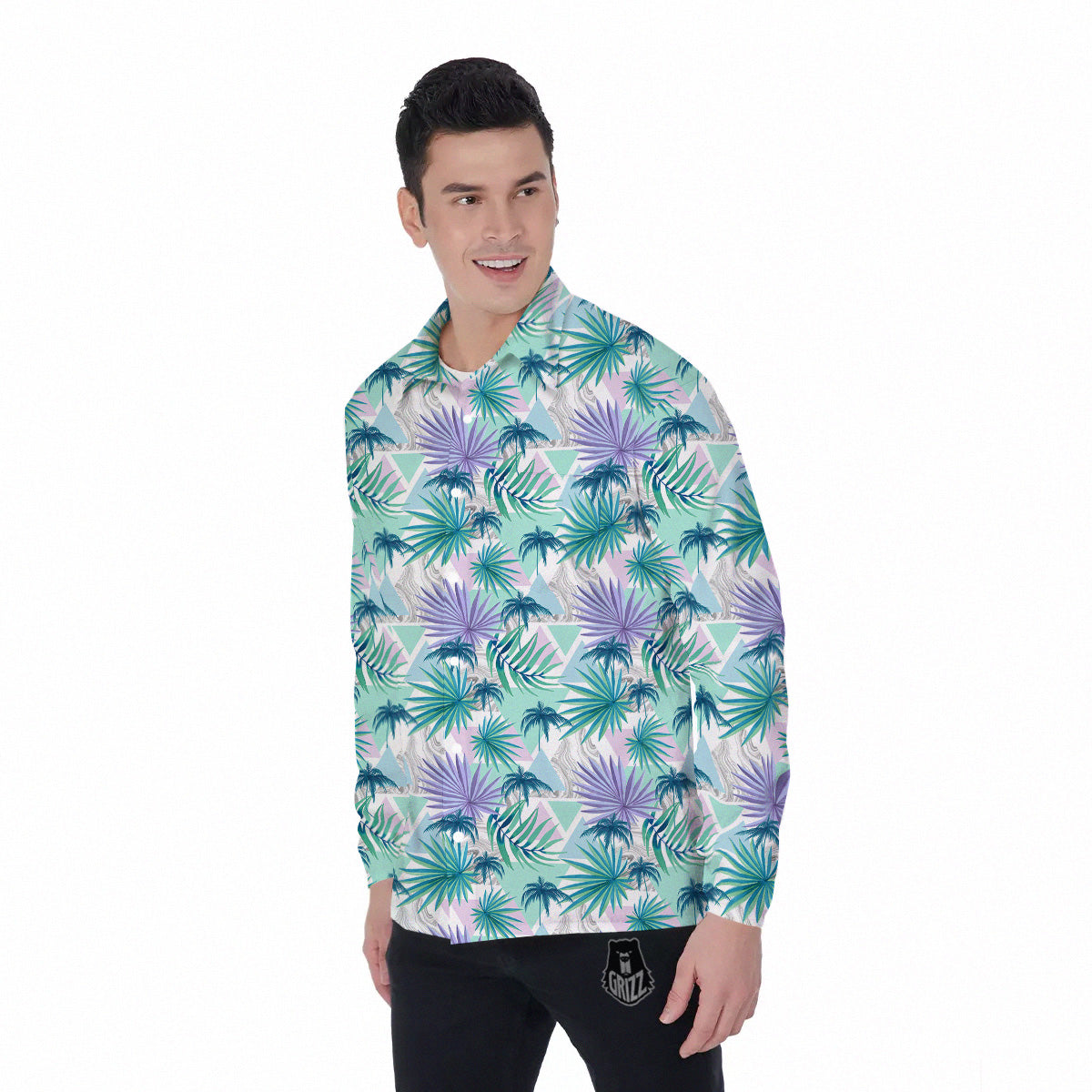 Tropical Leaf And Triangles Pastel Print Pattern Men's Long Sleeve Shirts-grizzshop