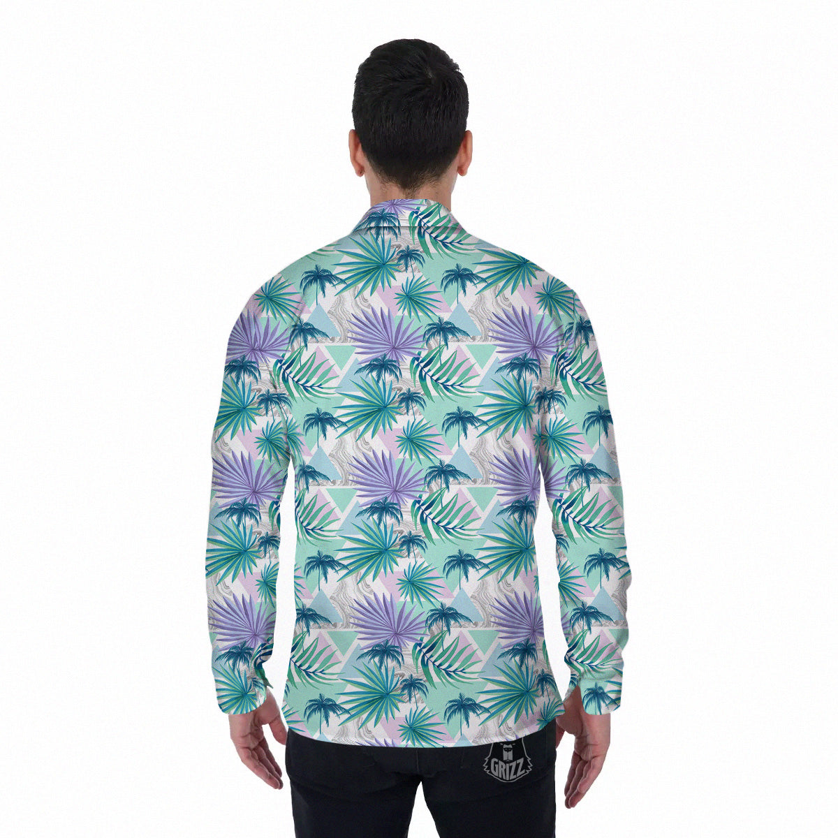 Tropical Leaf And Triangles Pastel Print Pattern Men's Long Sleeve Shirts-grizzshop