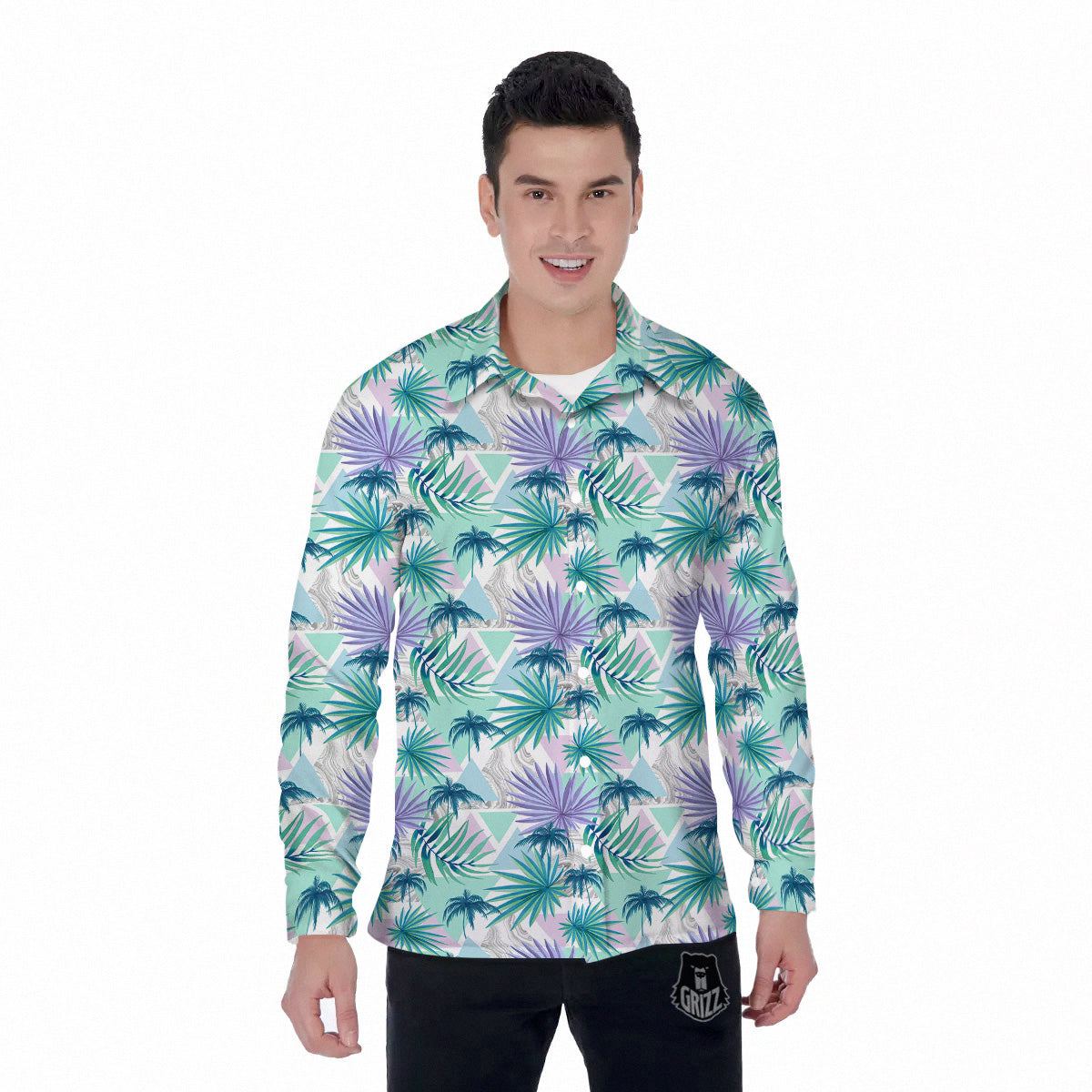 Tropical Leaf And Triangles Pastel Print Pattern Men's Long Sleeve Shirts-grizzshop