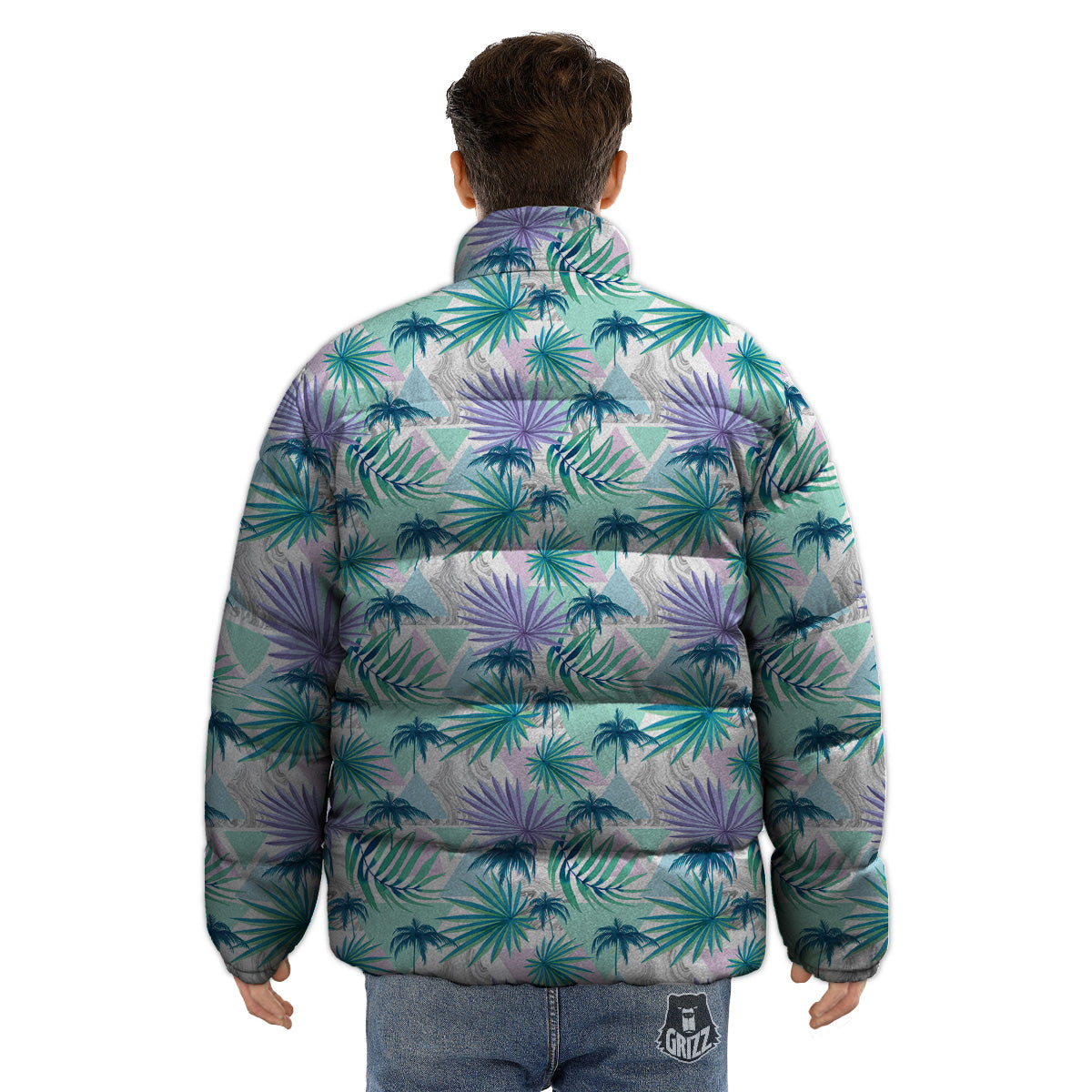 Tropical Leaf And Triangles Pastel Print Pattern Puffer Jacket-grizzshop