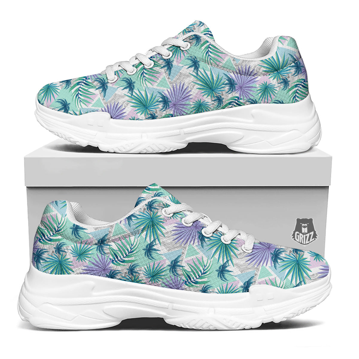 Tropical Leaf And Triangles Pastel Print Pattern White Chunky Shoes-grizzshop