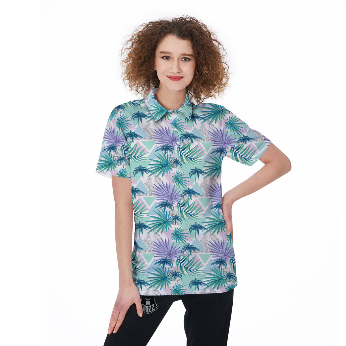 Tropical Leaf And Triangles Pastel Print Pattern Women's Golf Shirts-grizzshop