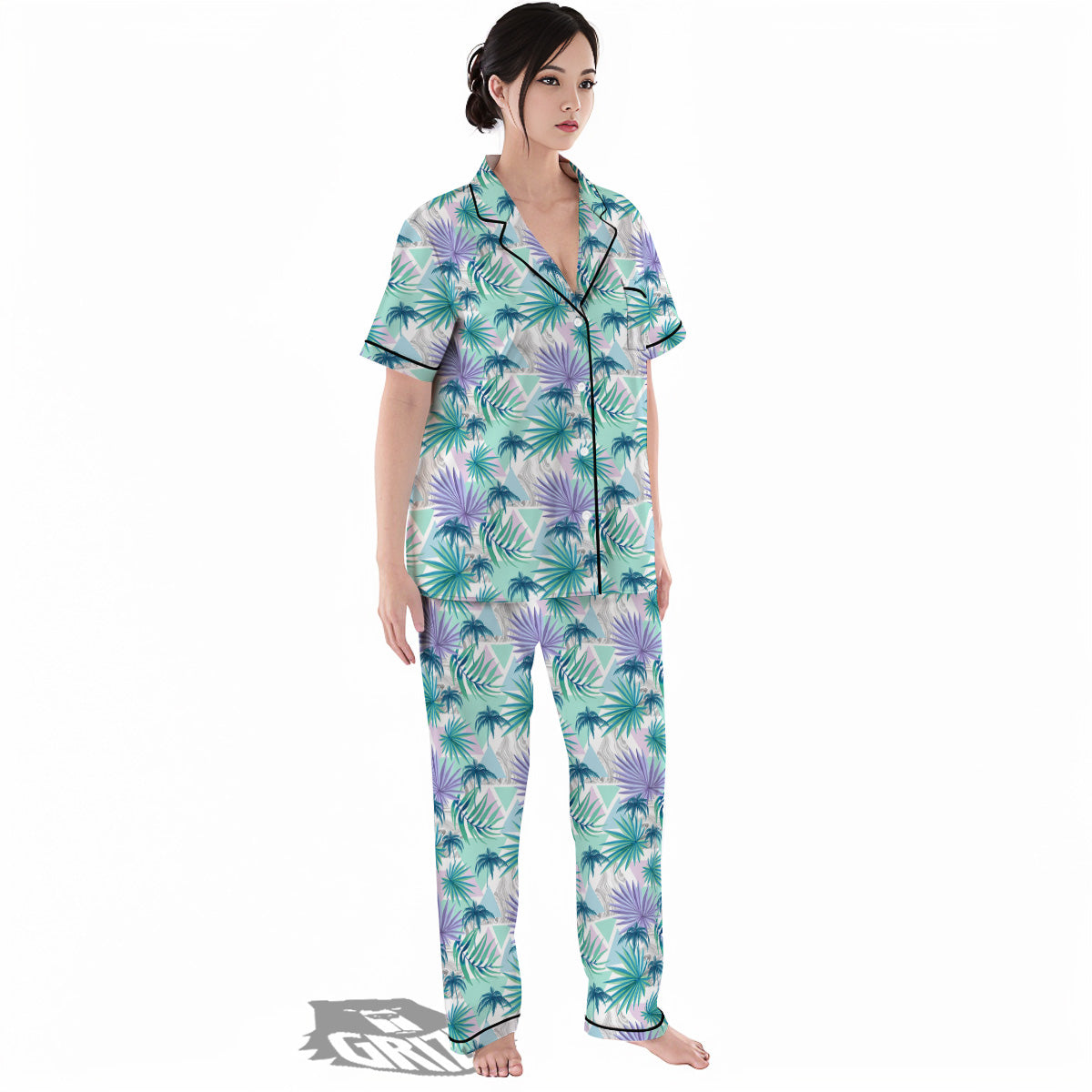 Tropical Leaf And Triangles Pastel Print Pattern Women's Pajamas Set-grizzshop