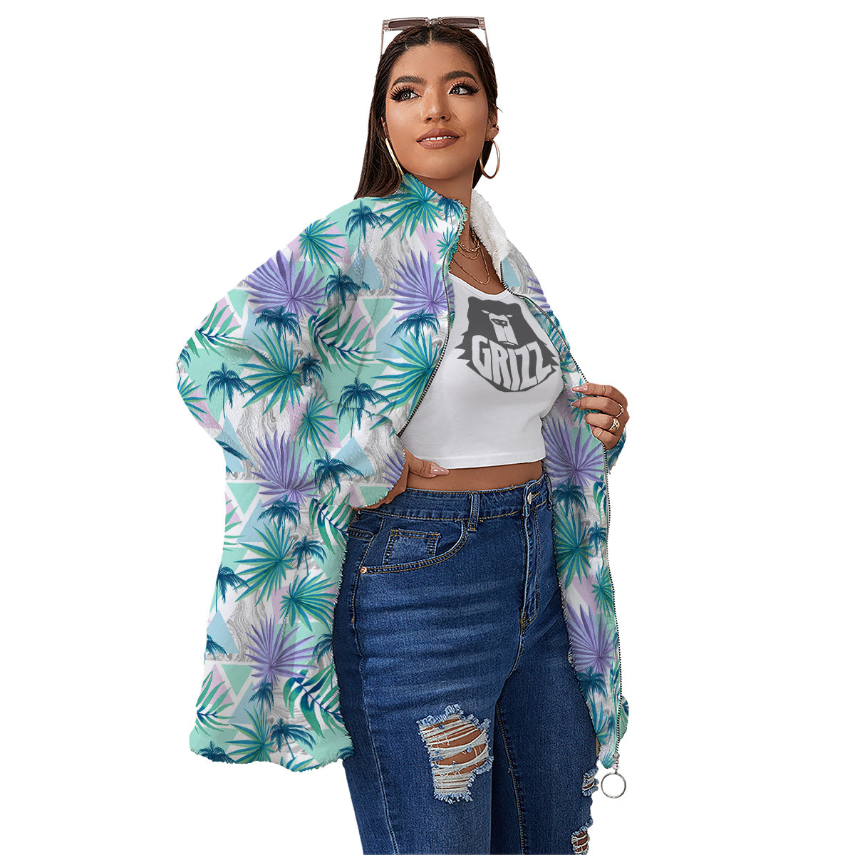 Tropical Leaf And Triangles Pastel Print Pattern Women's Sherpa Jacket-grizzshop