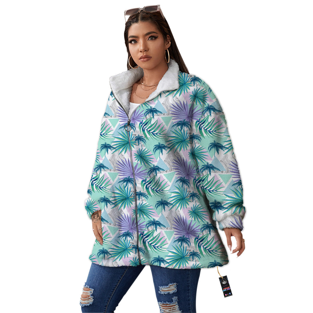 Tropical Leaf And Triangles Pastel Print Pattern Women's Sherpa Jacket-grizzshop