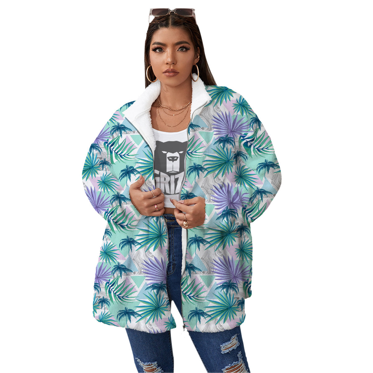 Tropical Leaf And Triangles Pastel Print Pattern Women's Sherpa Jacket-grizzshop