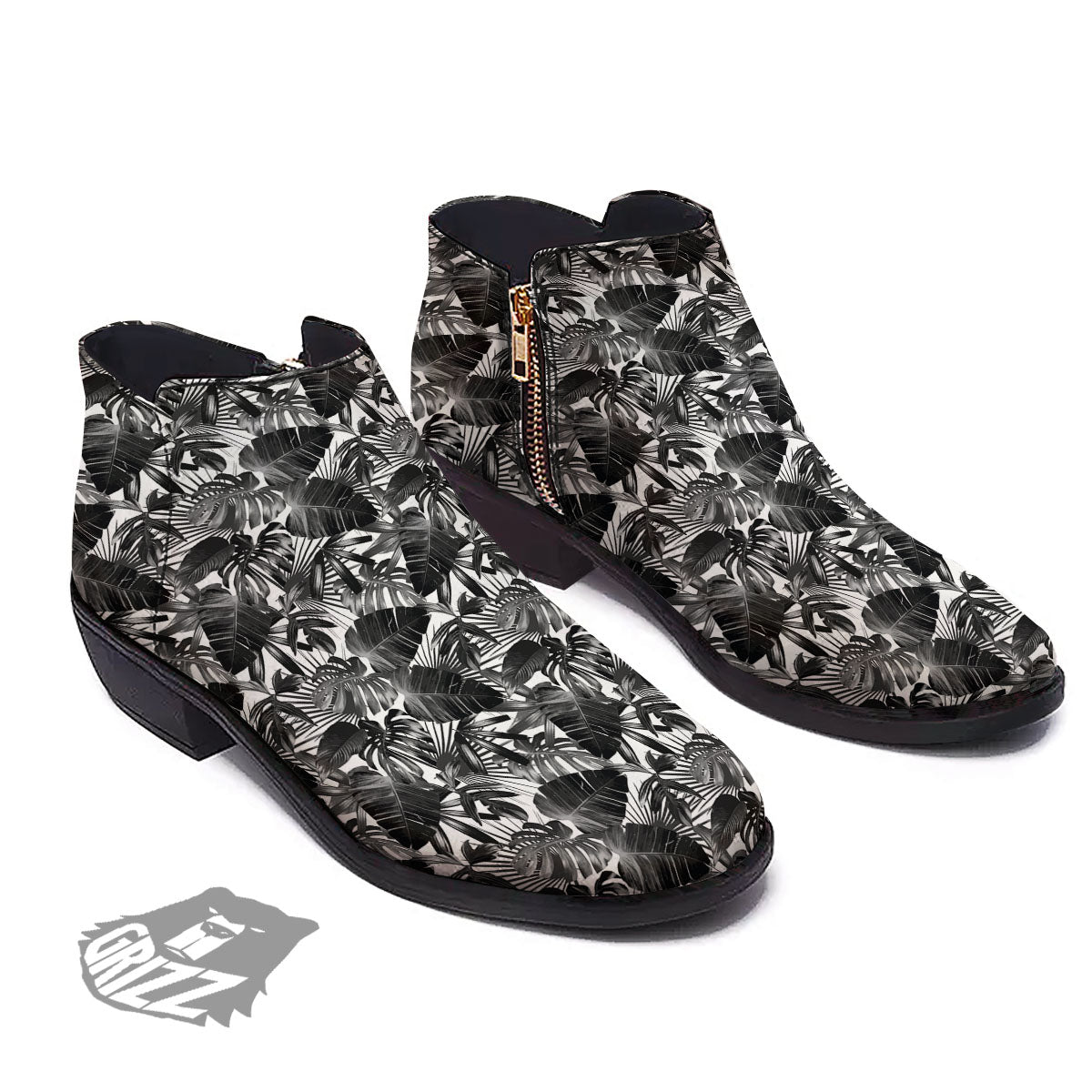 Tropical Leaf Black White Print Pattern Ankle Boots-grizzshop