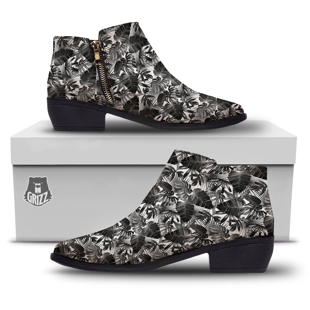 Tropical Leaf Black White Print Pattern Ankle Boots-grizzshop