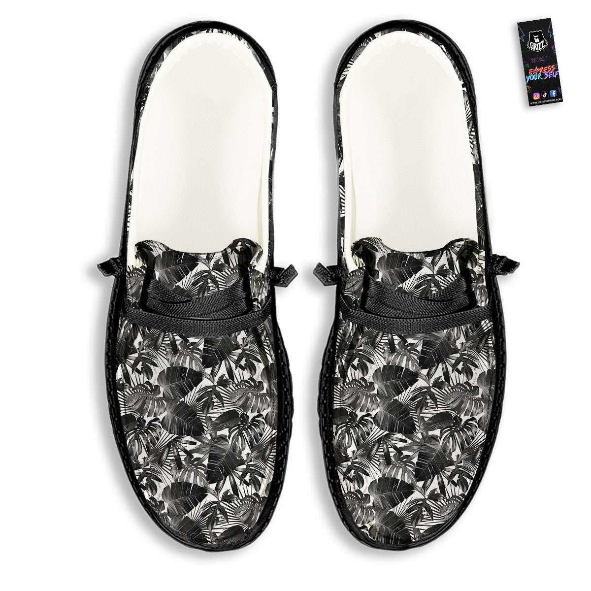 Tropical Leaf Black White Print Pattern Black Loafers-grizzshop