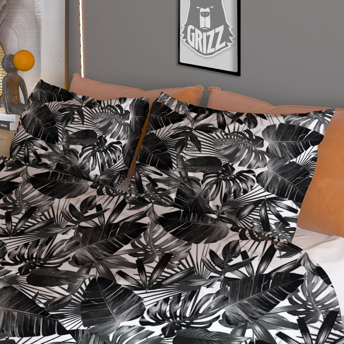 Tropical Leaf Black White Print Pattern Duvet Cover Bedding Set