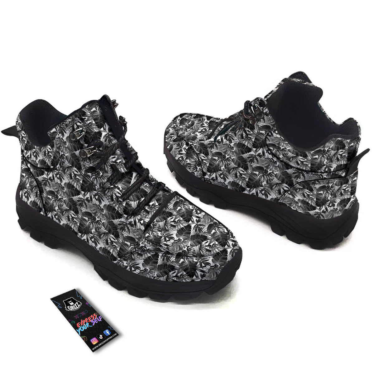 Tropical Leaf Black White Print Pattern Hiking Shoes-grizzshop