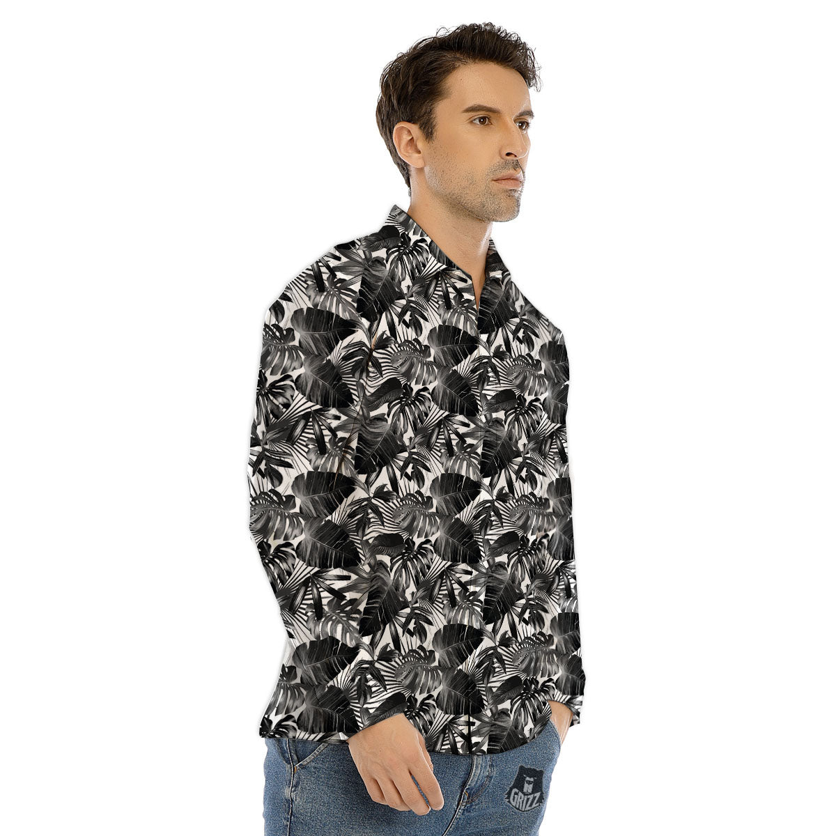 Tropical Leaf Black White Print Pattern Men's Dress Shirts-grizzshop