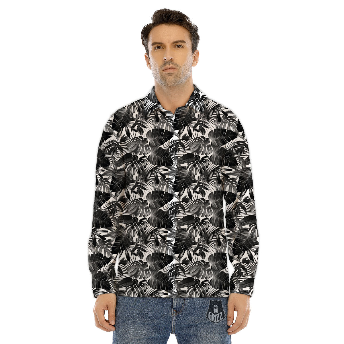 Tropical Leaf Black White Print Pattern Men's Dress Shirts-grizzshop