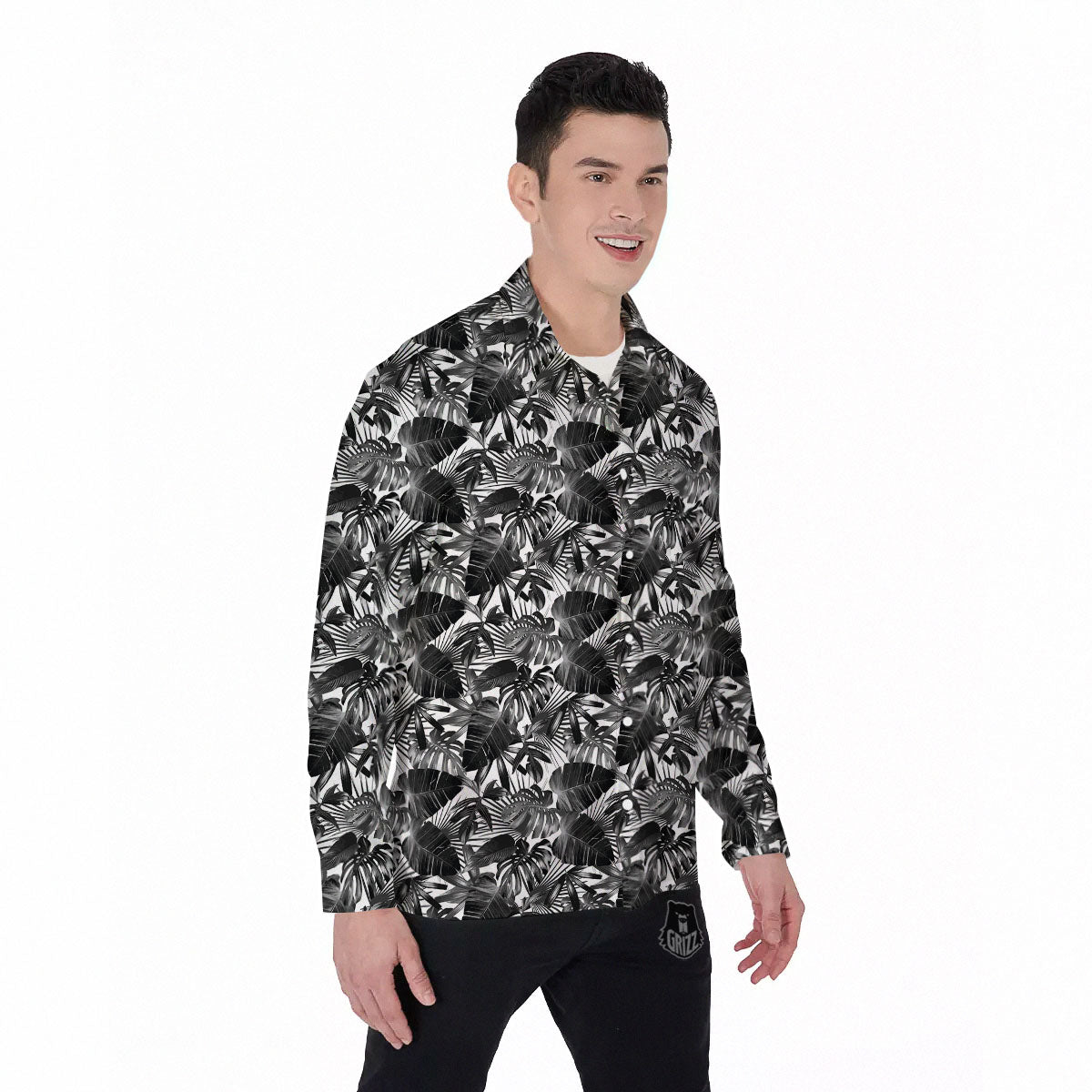 Tropical Leaf Black White Print Pattern Men's Long Sleeve Shirts-grizzshop