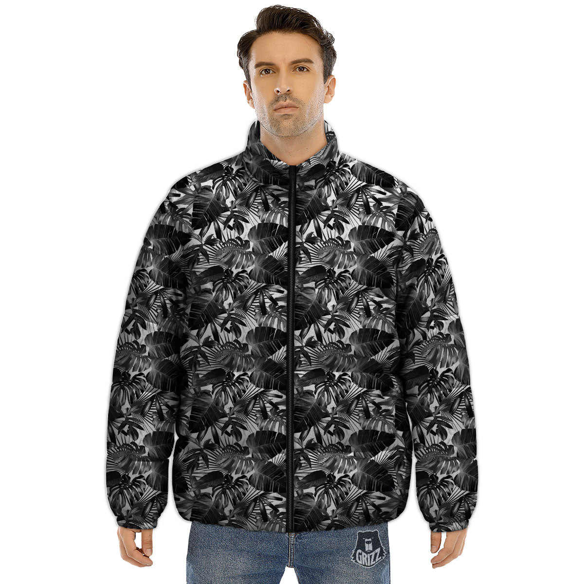 Tropical Leaf Black White Print Pattern Puffer Jacket-grizzshop