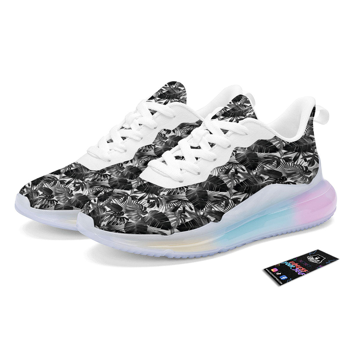 Tropical Leaf Black White Print Pattern Running Sneakers-grizzshop