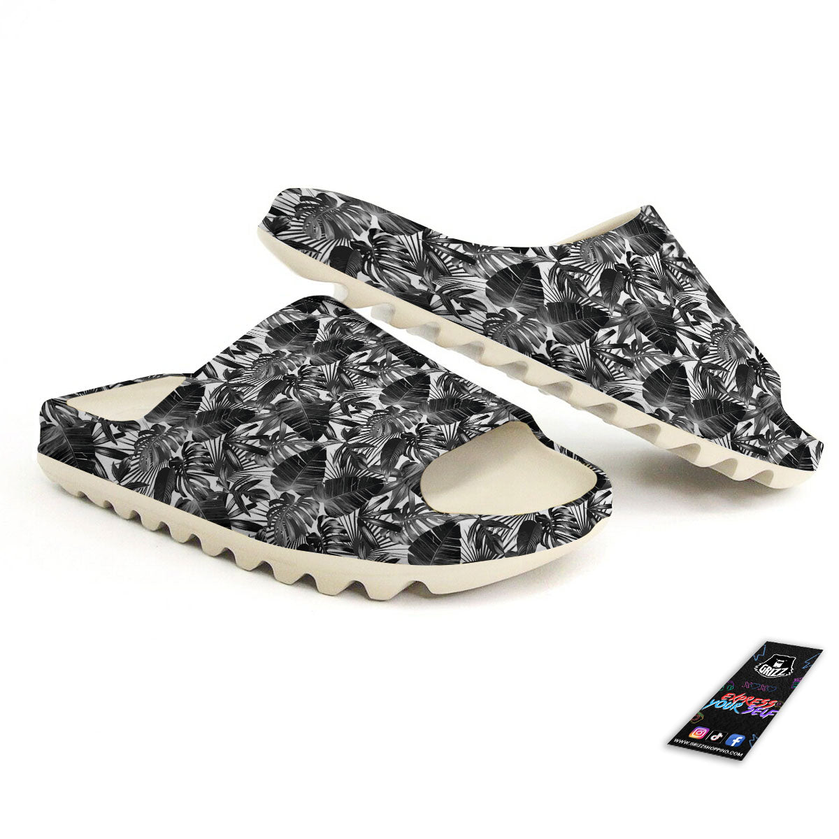 Tropical Leaf Black White Print Pattern Sandals-grizzshop