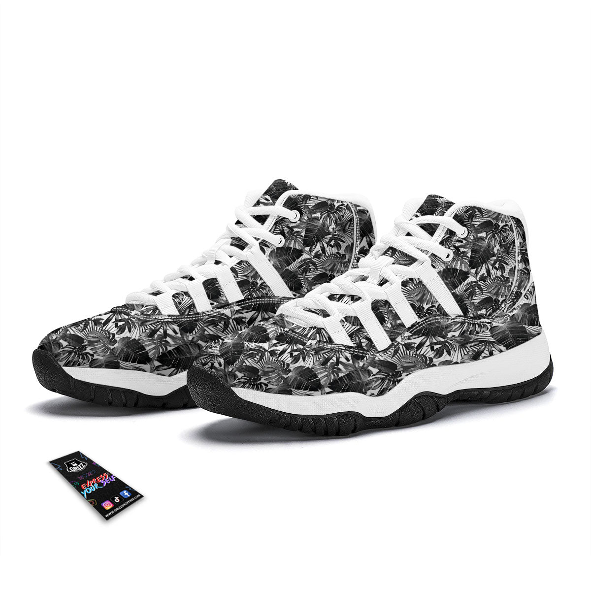 Tropical Leaf Black White Print Pattern White Bball Shoes-grizzshop