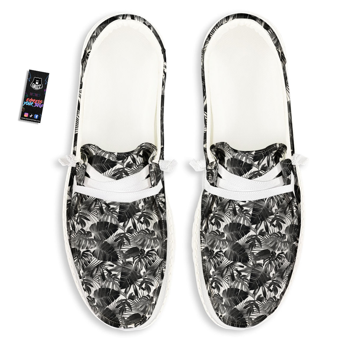 Tropical Leaf Black White Print Pattern White Loafers-grizzshop