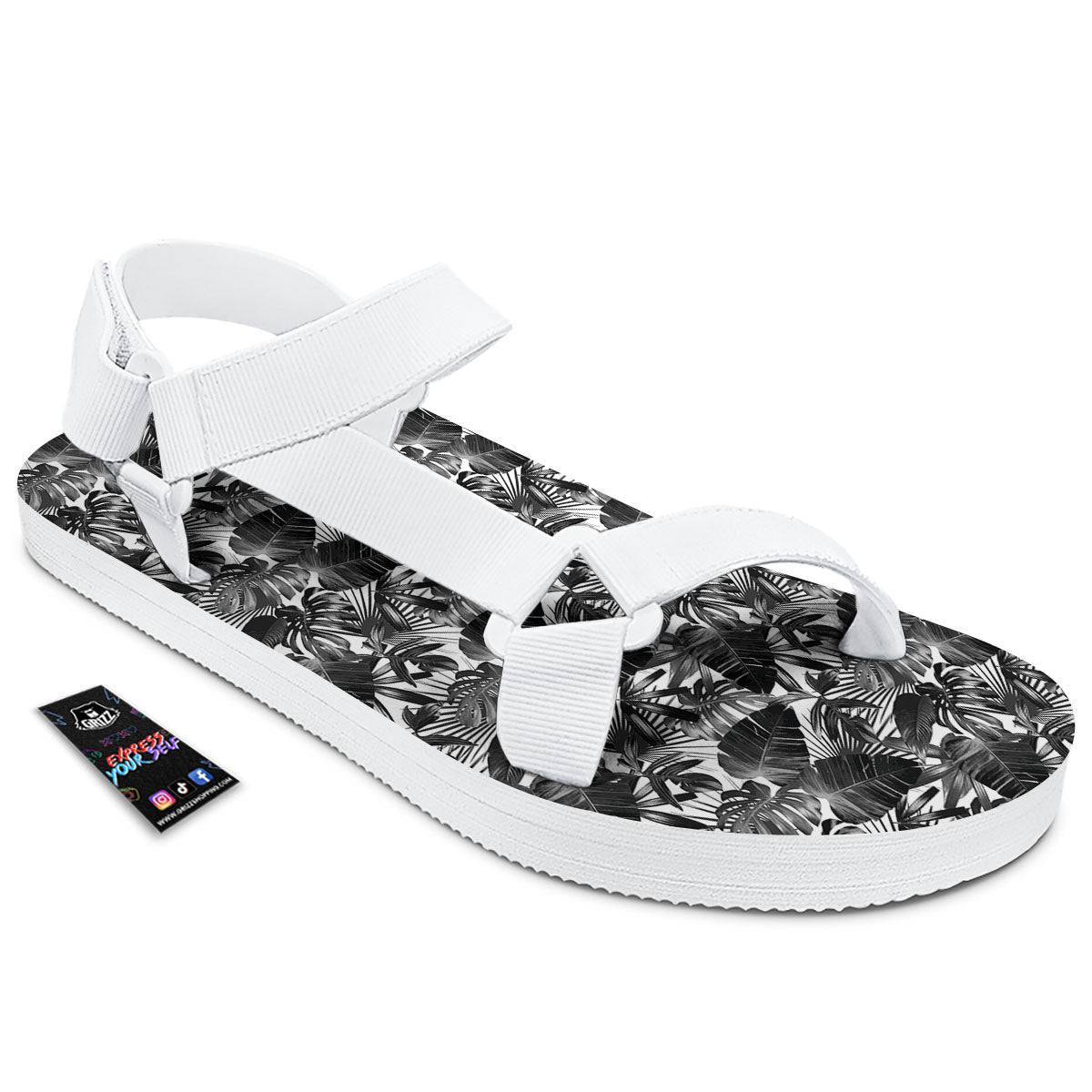 Tropical Leaf Black White Print Pattern White Open Toe Sandals-grizzshop