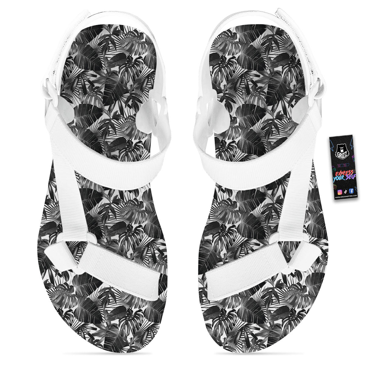 Tropical Leaf Black White Print Pattern White Open Toe Sandals-grizzshop