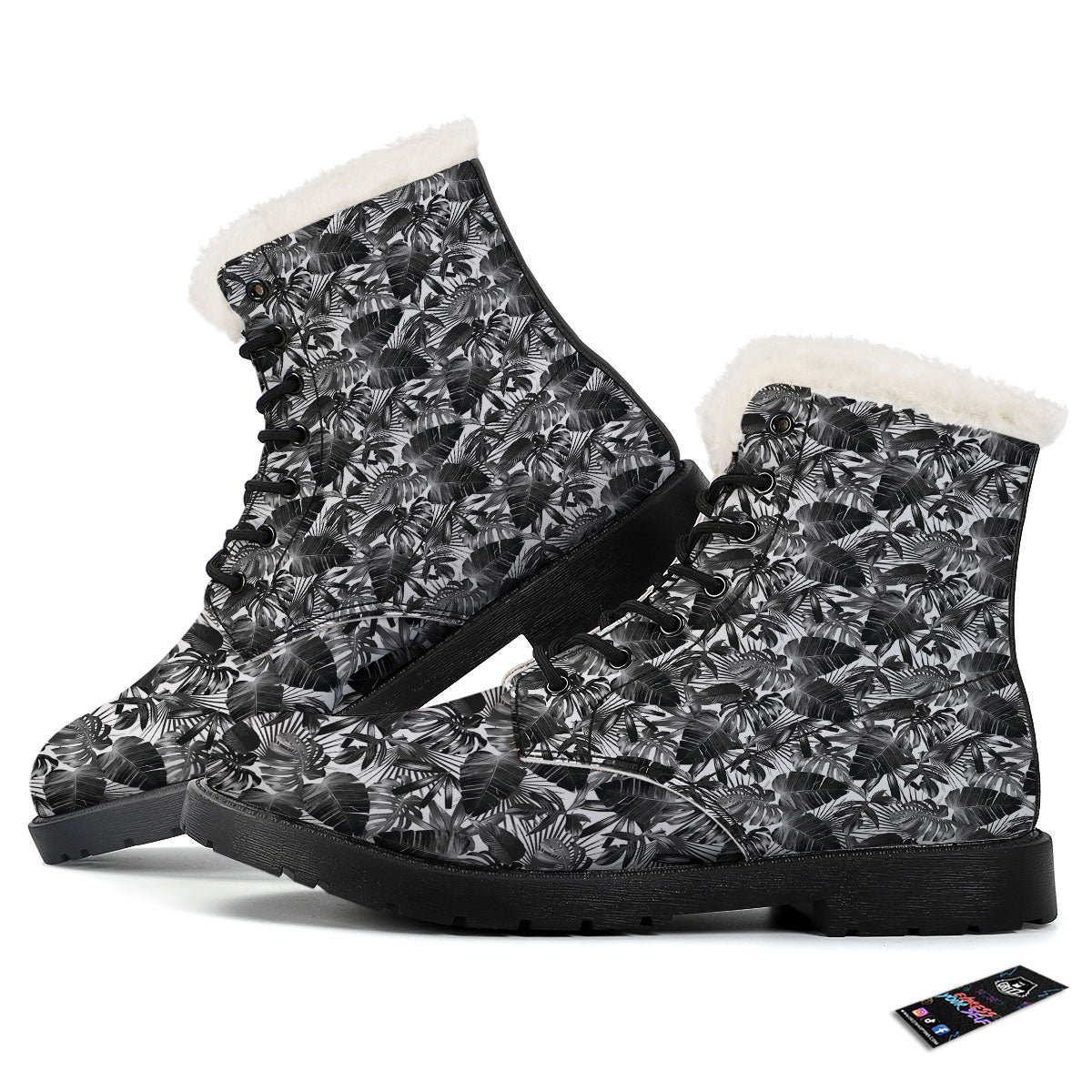 Tropical Leaf Black White Print Pattern Winter Boots-grizzshop