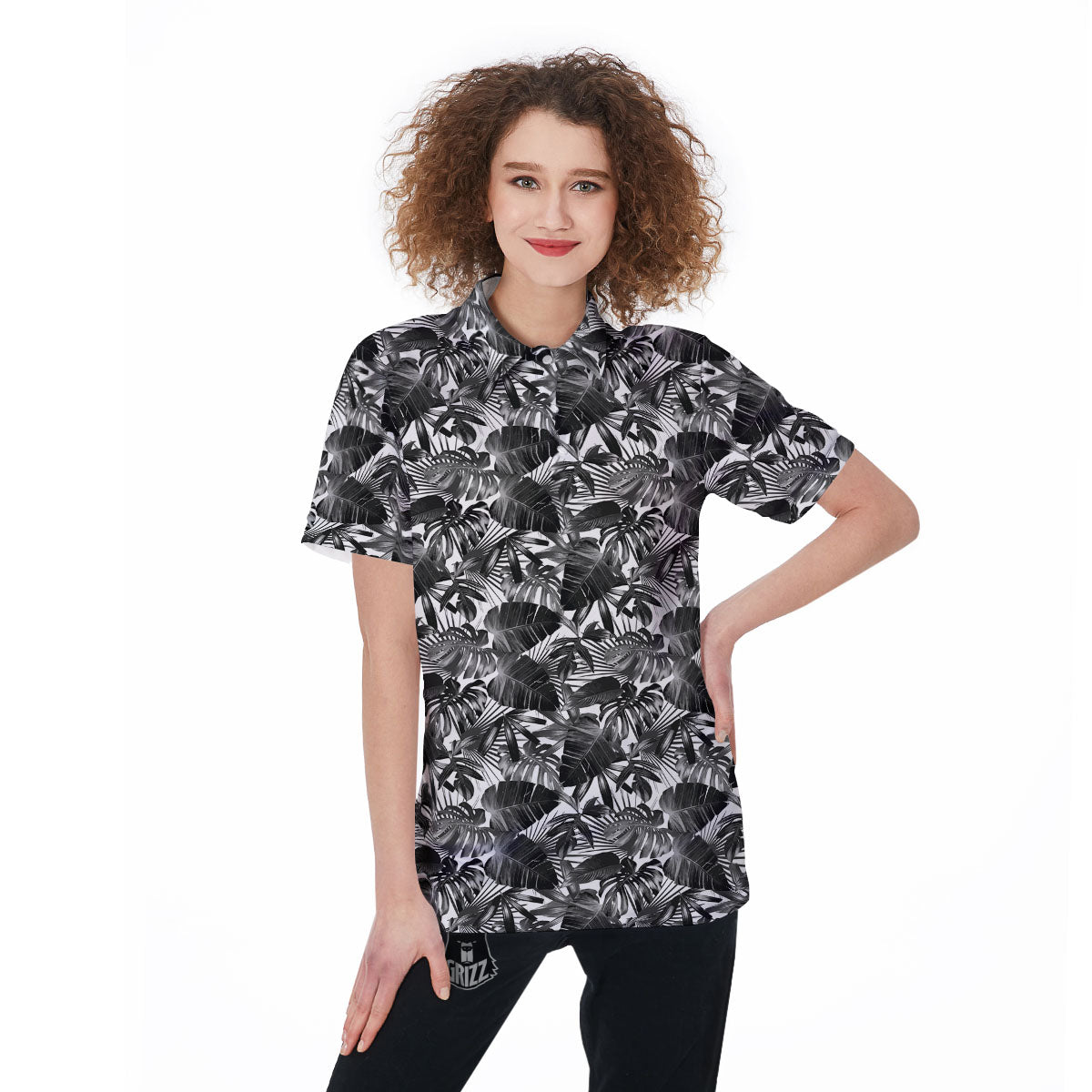 Tropical Leaf Black White Print Pattern Women's Golf Shirts-grizzshop