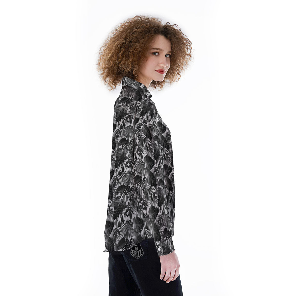 Tropical Leaf Black White Print Pattern Women's Long Sleeve Shirts-grizzshop