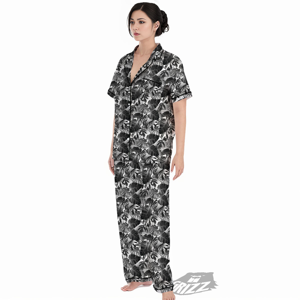 Tropical Leaf Black White Print Pattern Women's Pajamas Set-grizzshop