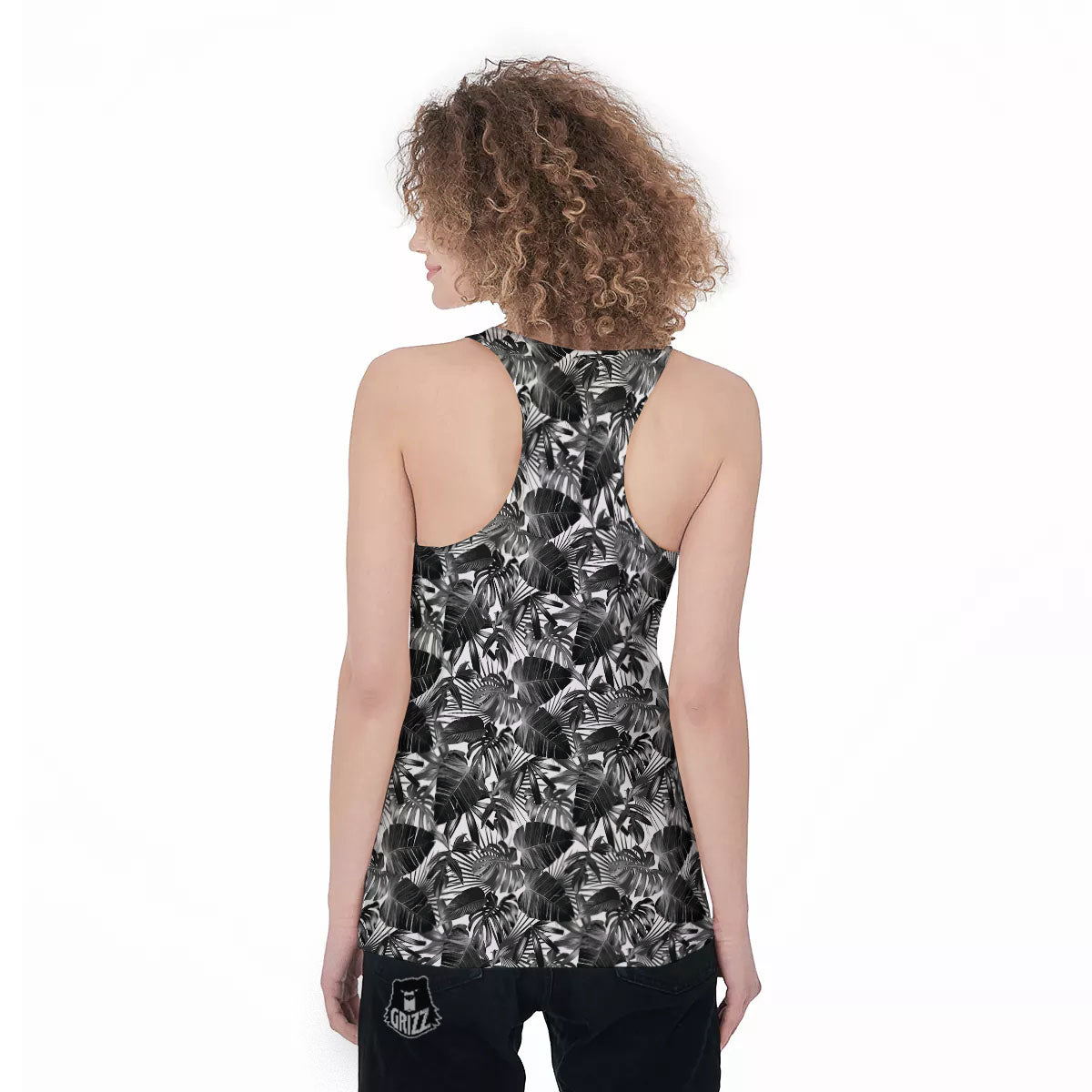 Tropical Leaf Black White Print Pattern Women's Racerback Tank Top-grizzshop