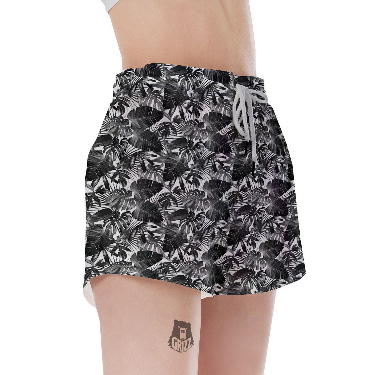 Tropical Leaf Black White Print Pattern Women's Shorts-grizzshop