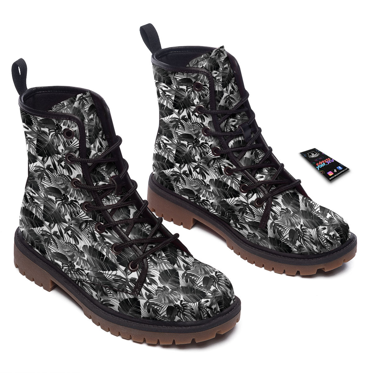 Tropical Leaf Black White Print Pattern Work Boots-grizzshop