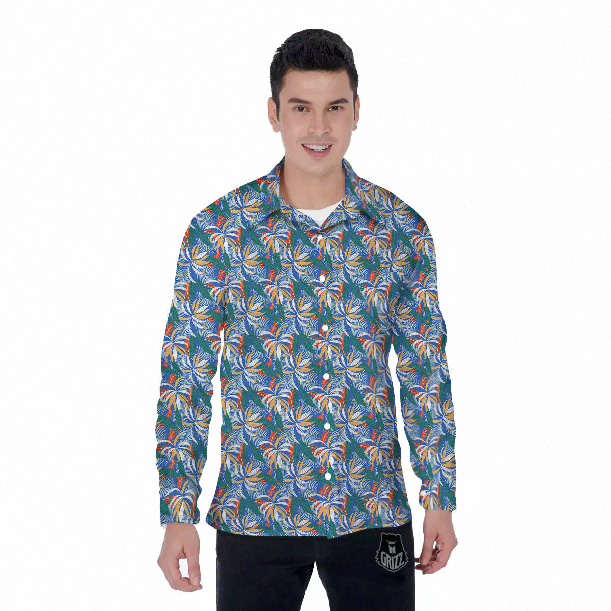 Tropical Leaf Colorful Print Pattern Men's Long Sleeve Shirts-grizzshop