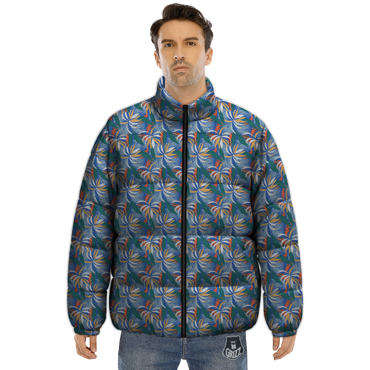 Tropical Leaf Colorful Print Pattern Puffer Jacket-grizzshop