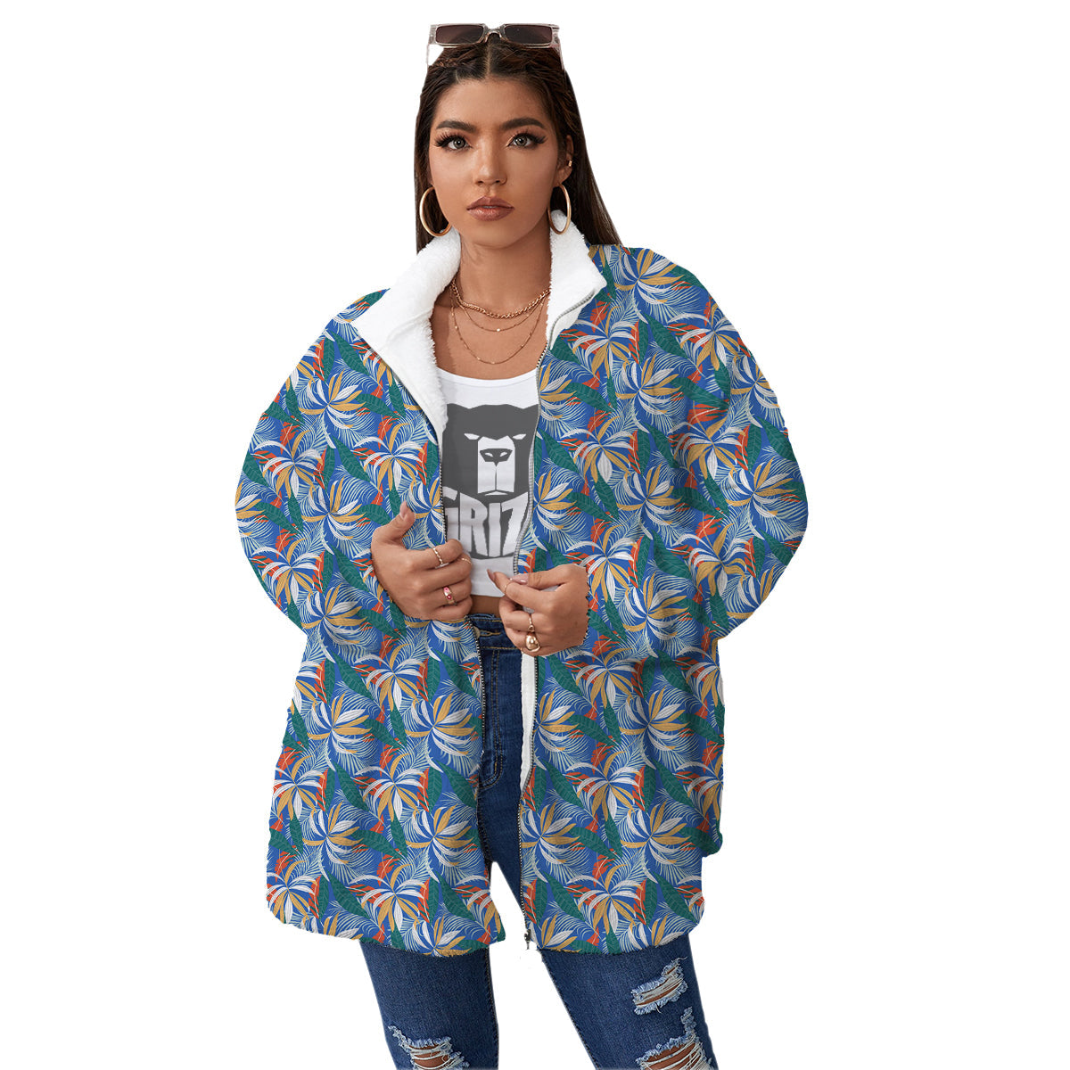 Tropical Leaf Colorful Print Pattern Women's Sherpa Jacket-grizzshop