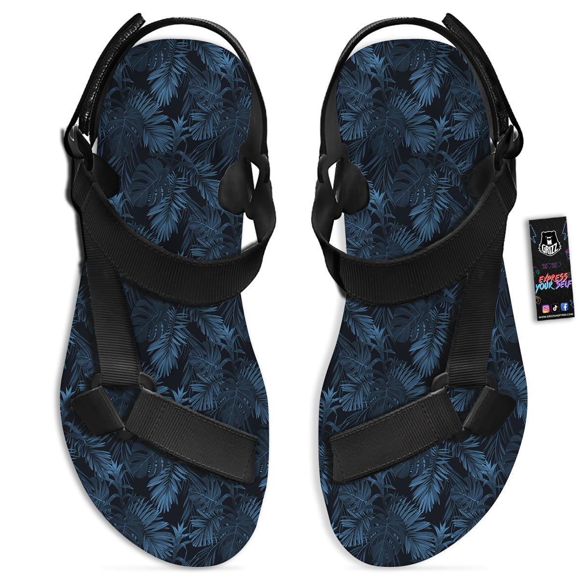 Tropical Leaf Dark Blue Print Pattern Black Open Toe Sandals-grizzshop