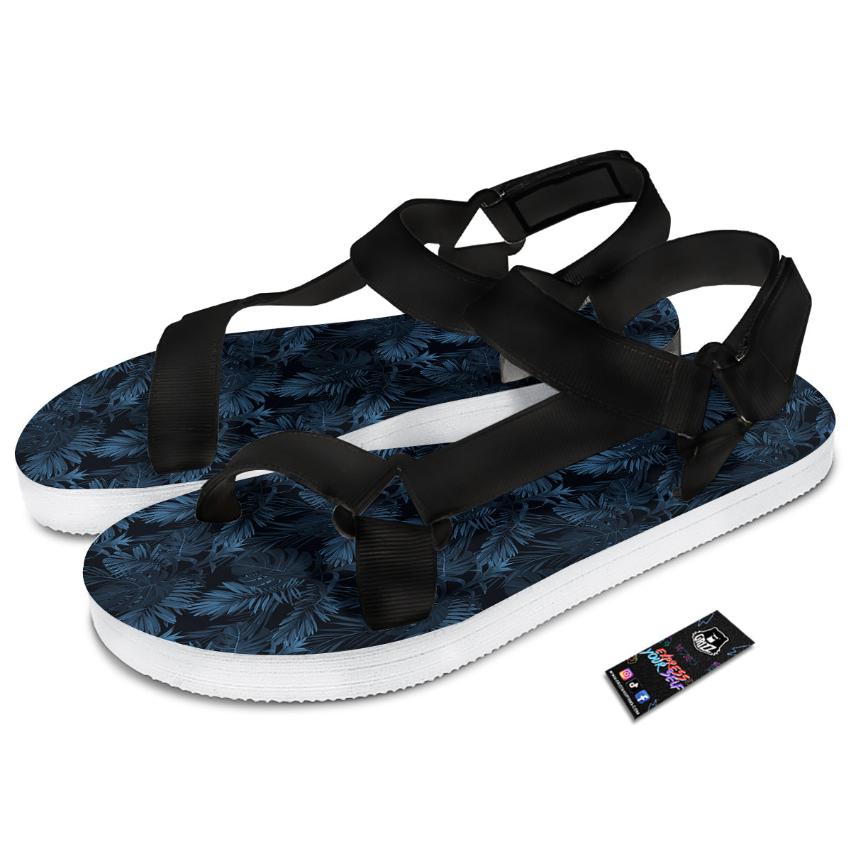 Tropical Leaf Dark Blue Print Pattern Black Open Toe Sandals-grizzshop