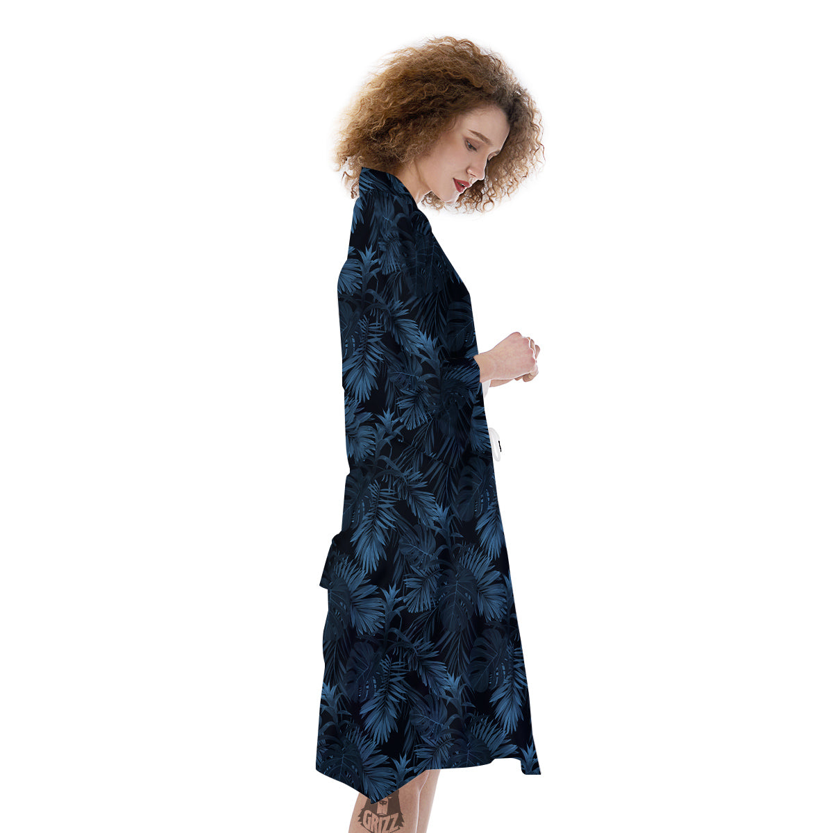 Tropical Leaf Dark Blue Print Pattern Kimono-grizzshop