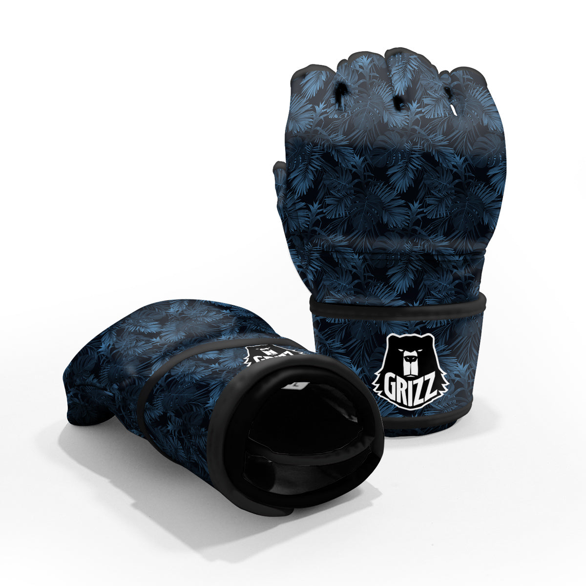 Tropical Leaf Dark Blue Print Pattern MMA Gloves-grizzshop