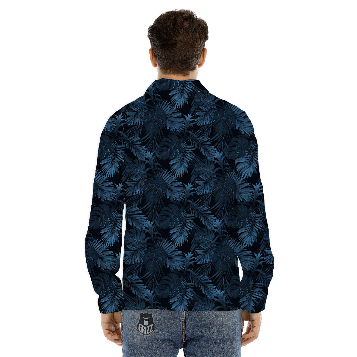Tropical Leaf Dark Blue Print Pattern Men's Dress Shirts-grizzshop